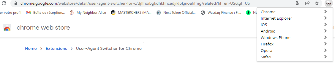 Navigateur chrome web store User Agent Switcher