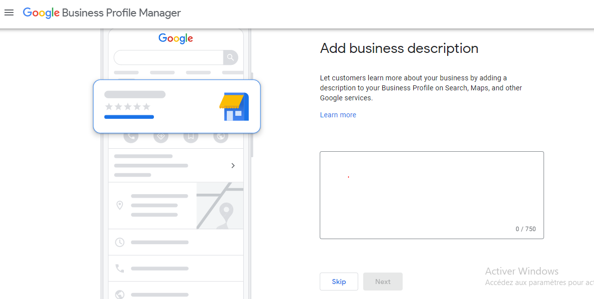 Page d ajouter la description entreprise Google Business profil