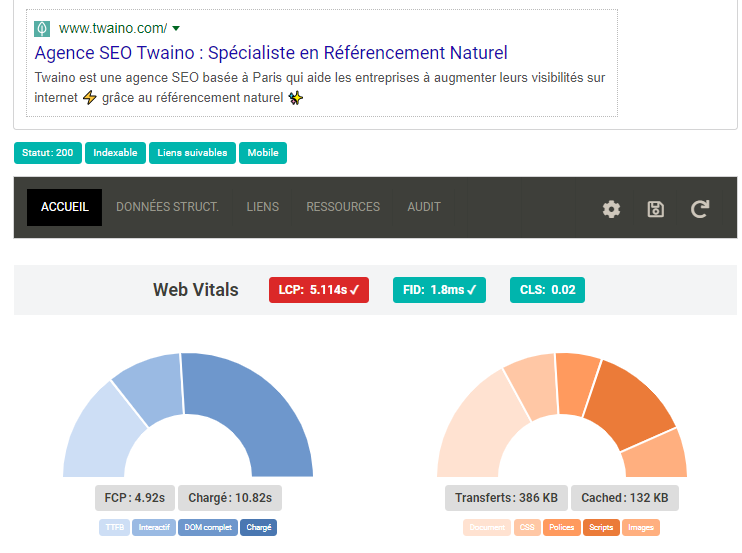 Performance de page d accueil Twaino Description SEOInfo