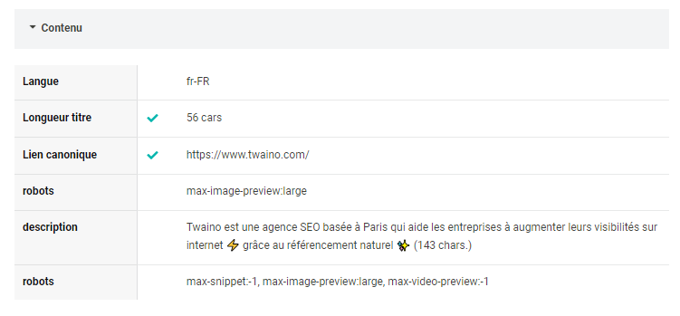 Contenu de la langue Description SEOInfo