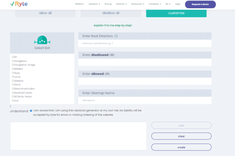 Outil Ryte generateur de robots txt