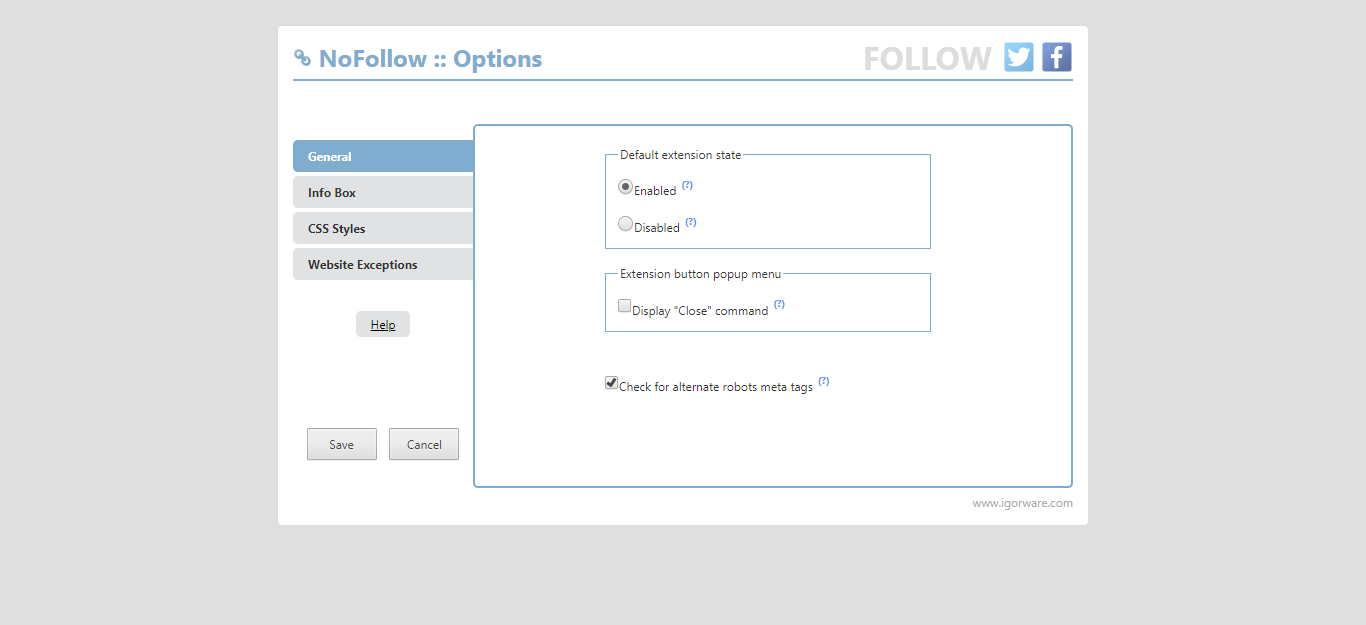 Panneau de configuration de l extension NoFollow