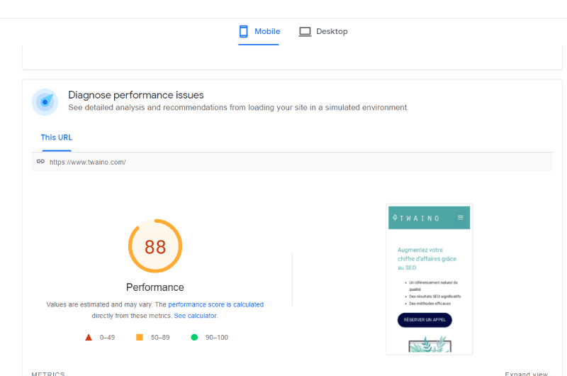 Note Google PageSpeed Insights