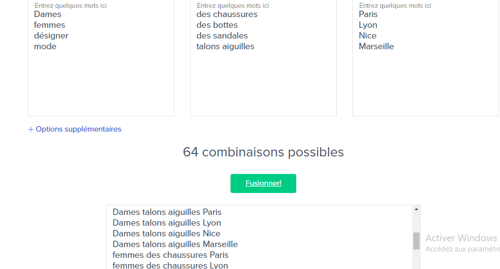 Trois colonnes des mots cles lies au campagne Adword MergeWords de Toptal