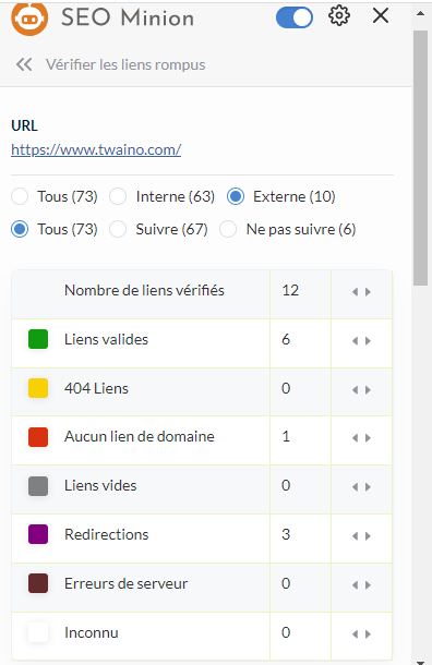 Bouton verifier les liens rompus SEO Minions