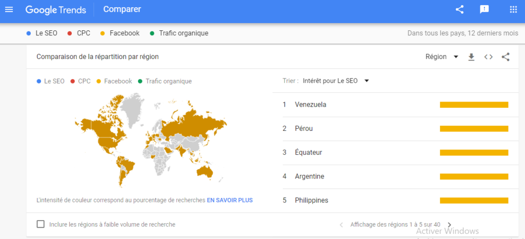 Carte de comparaison des termes recherche par region Google Trends