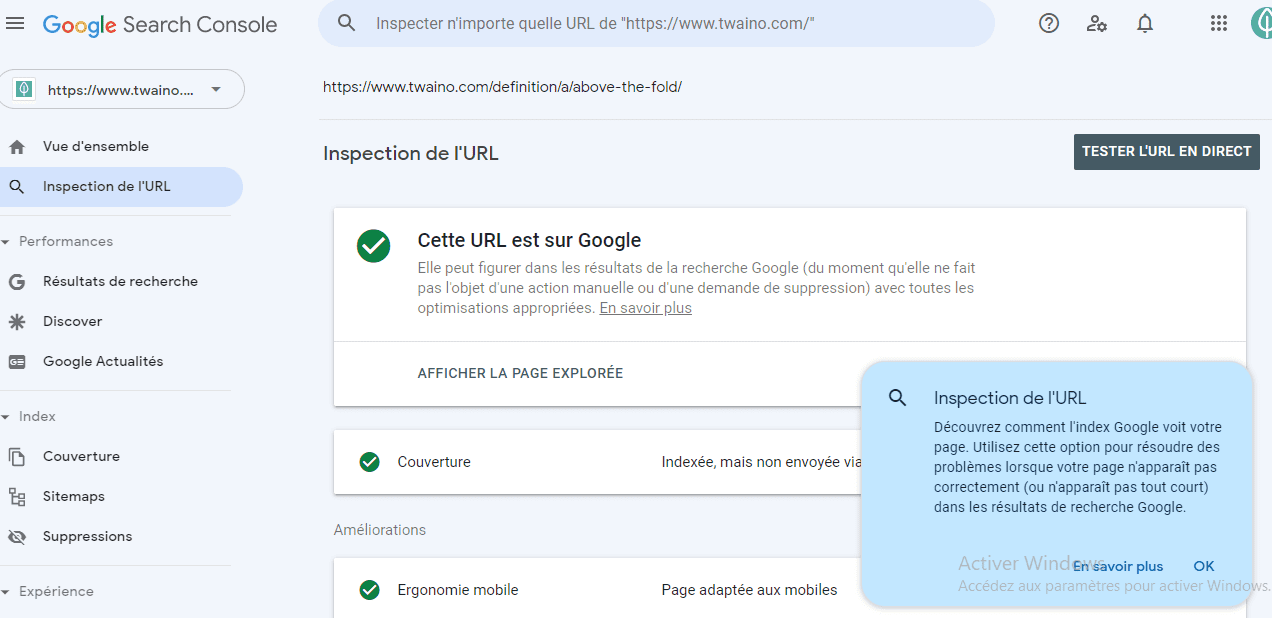 Outil d inspection URL Google Search Console