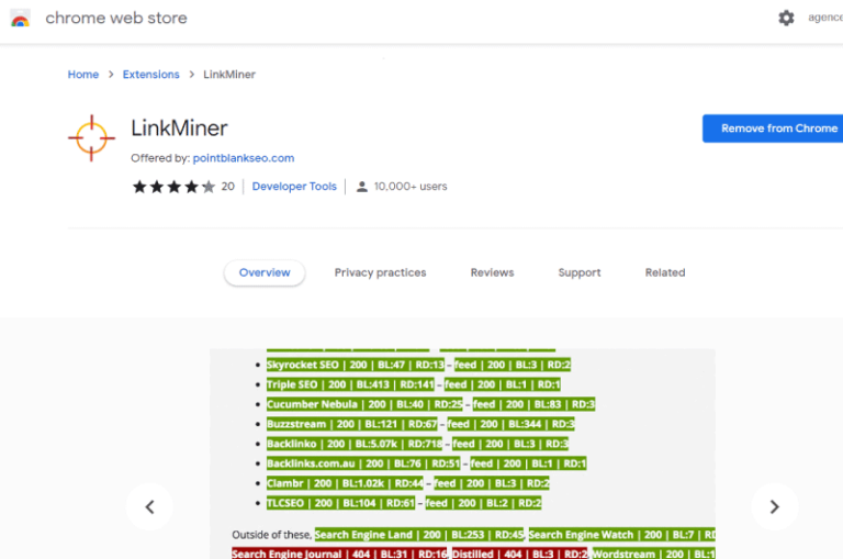 LinkMiner Chrome Web Store Mise en avant