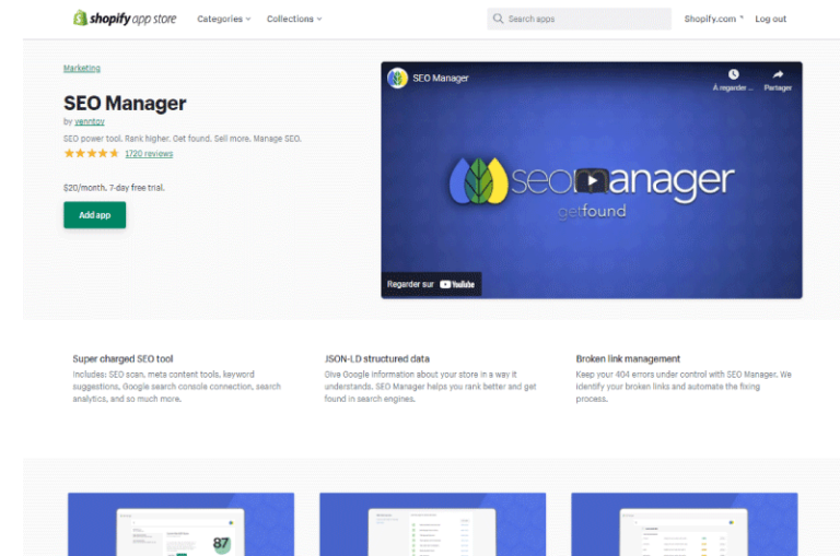 SEO Manager Shopify App Store Mise en avant