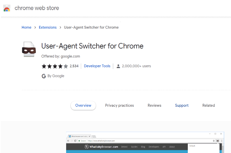 User Agent Switcher Chrome Web Store Mise en avant