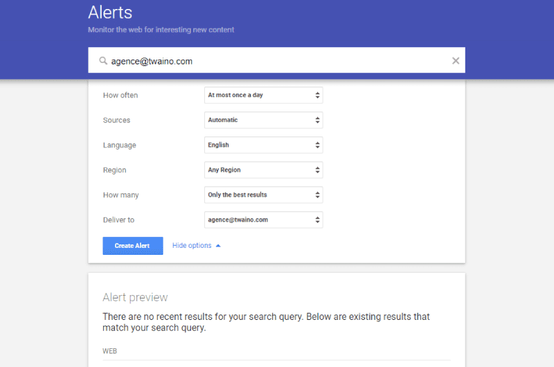 Afficharge des options Google Alertes