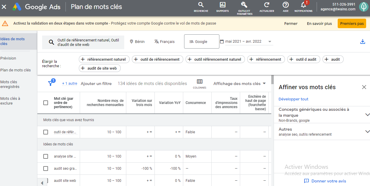  Plan de mots cle Google