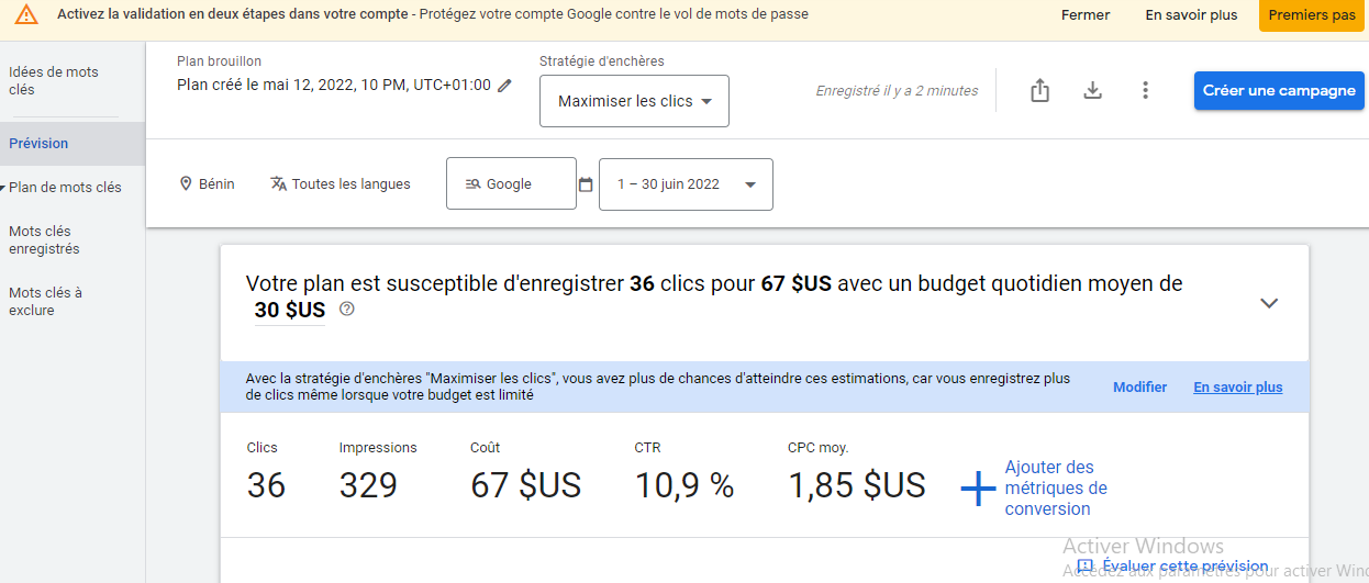  Nombre totale des clic Google Keyword Planner