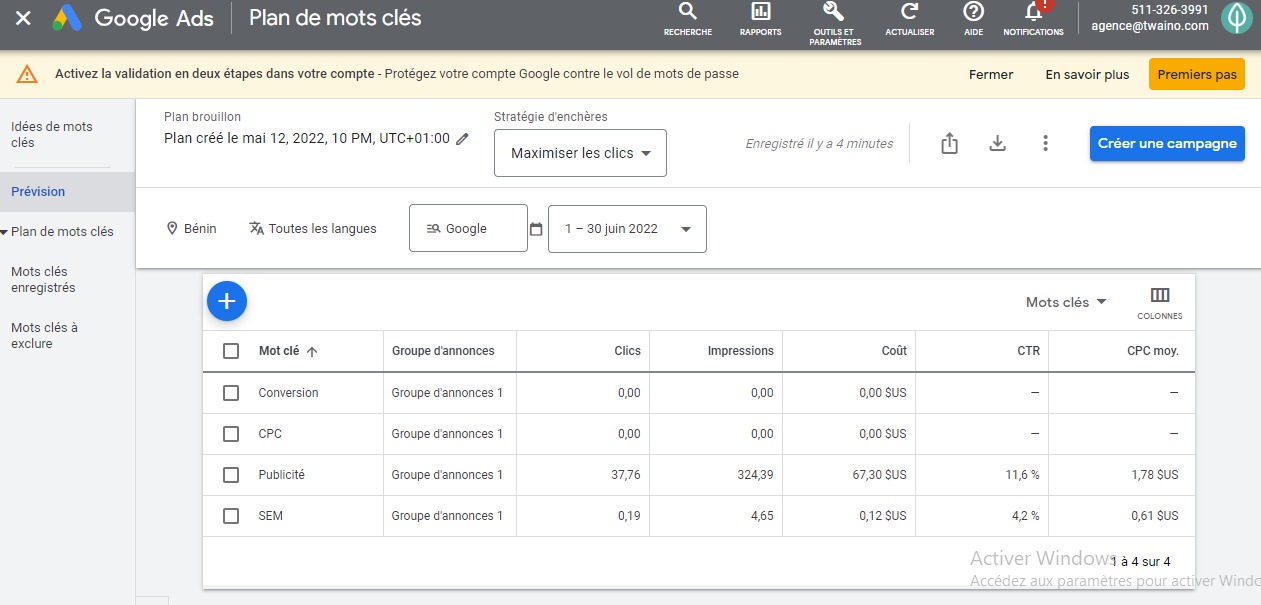 Prevision de mot cle en clics Google Keyword Planner