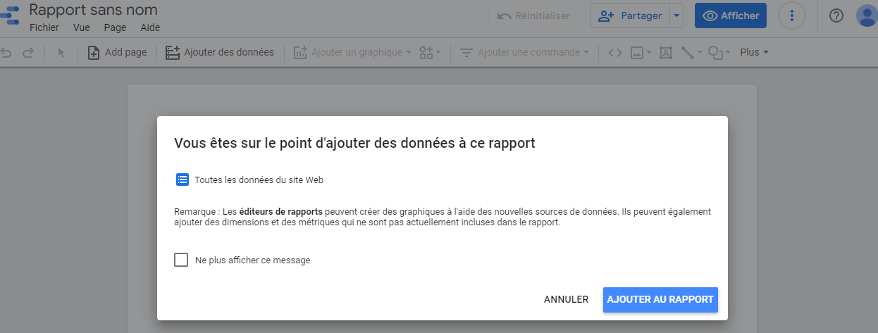 Suite de creation du rapport sur Google Data Studio