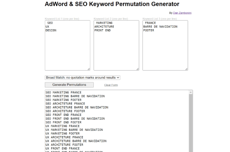 Générateur de mots clés Dan Zambonini Outil SEO 1