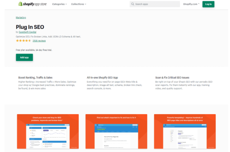 Plug In SEO Shopify App Store Mise en avant