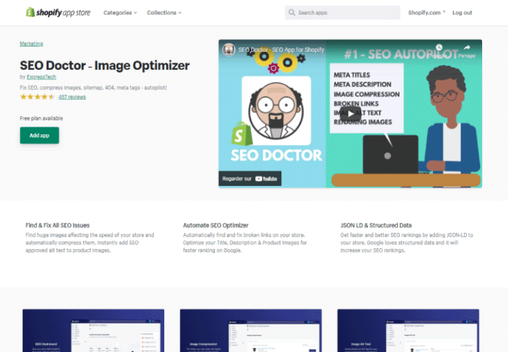 SEO Doctor Image Optimizer Shopify App Store Mise en avant