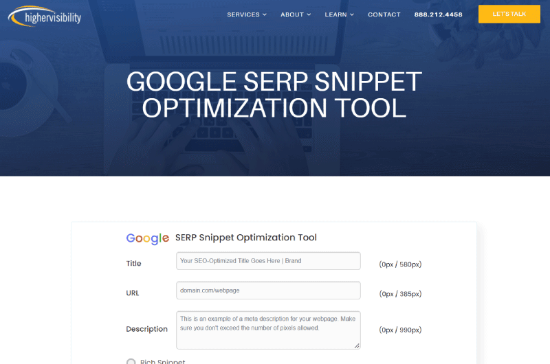 HigherVisibility Google SERP Snippet Optimization Tool Mise en avant
