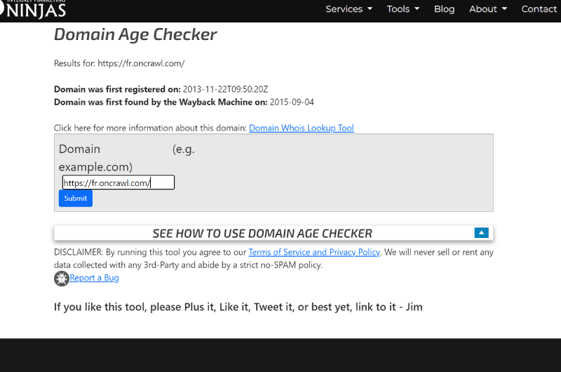 Domain Age Checker Internet Marketing Ninjas Outil SEO 2