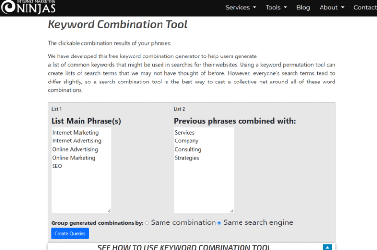 Keyword Combination Tool Internet Marketing Ninjas Mise en avant