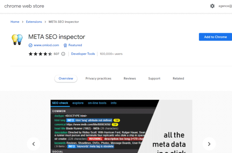 Meta SEO Inspector Chrome Extension Mise en avant