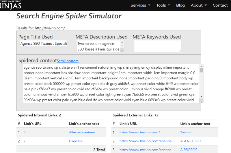 Search Engine Spider Simulator Internet Marketing Ninjas Outil SEO 2