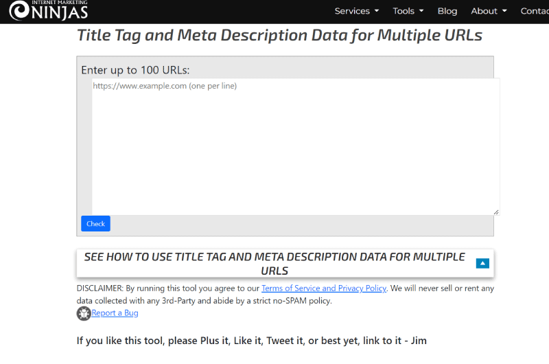 Title Tag and Meta Description Data for Multiple URLs Internet Marketing Ninjas Mise en avant