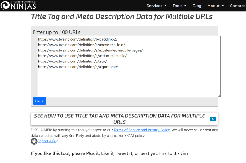 Title Tag and Meta Description Data for Multiple URLs Internet Marketing Ninjas Outil SEO 1