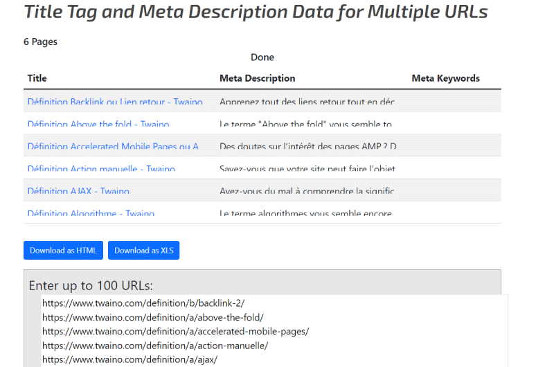 Title Tag and Meta Description Data for Multiple URLs Internet Marketing Ninjas Outil SEO 2