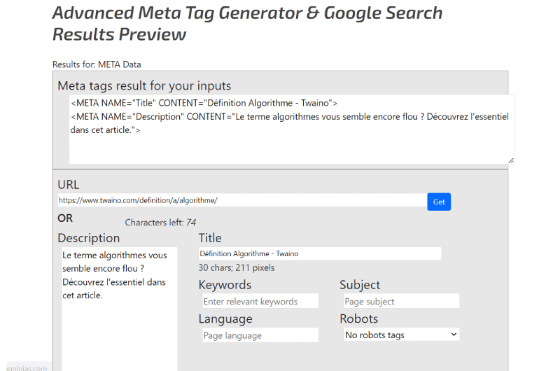 Advanced Meta Tag Generator Google Search Results Preview Internet Marketing Ninjas-Outil SEO 3
