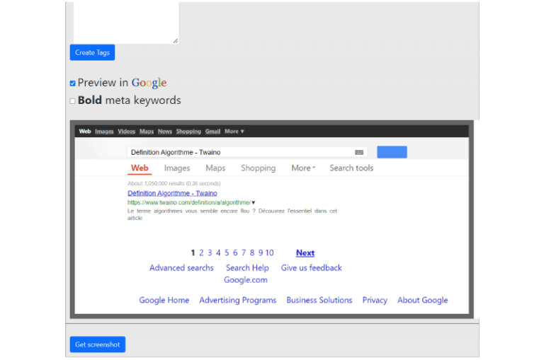 Advanced Meta Tag Generator Google Search Results Preview Internet Marketing Ninjas Outil SEO 4