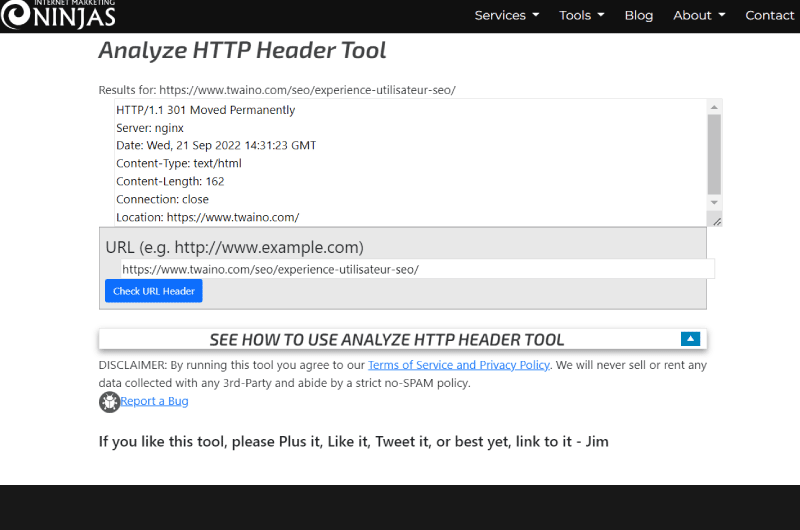 Analyze HTTP Header Tool Marketing Ninjas Outil SEO 2