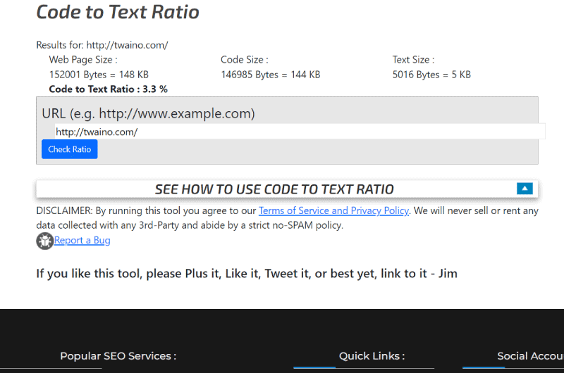 Code to Text Ratio Marketing Ninjas Outil SEO 3