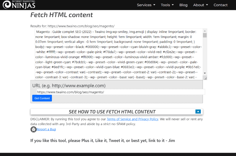Fetch HTML content Marketing Ninjas Outil SEO 2
