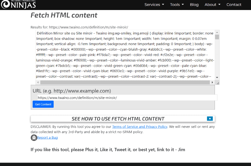 Fetch HTML content Marketing Ninjas Outil SEO 3