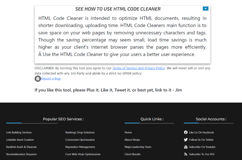 HTML Code Cleaner Marketing Ninjas Outil SO 1