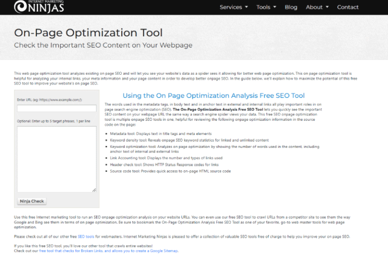 On Page Optimization Tool Marketing Ninjas Mise en avant