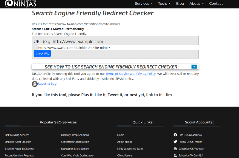 Search Engine Friendly Redirect Checker Marketing Ninjas Outil SEO 1