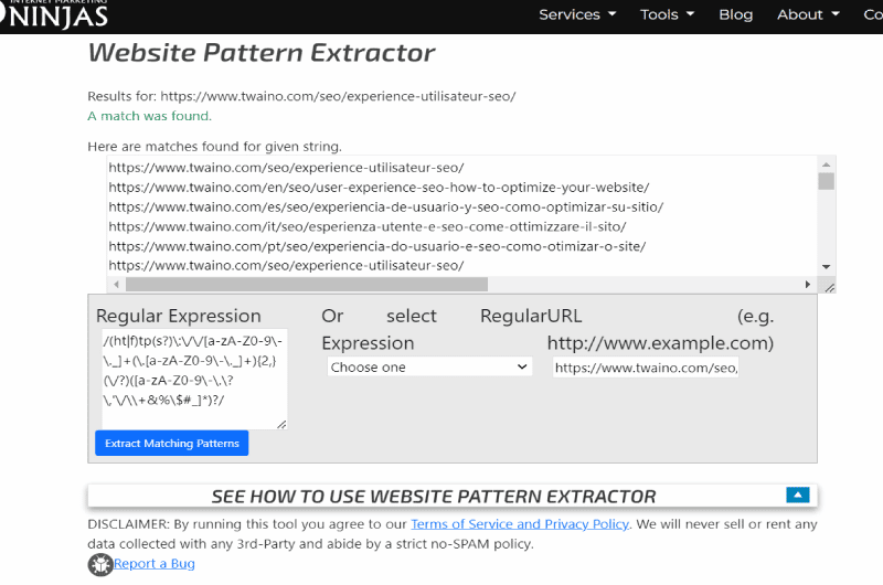 Website Pattern Extractor Marketing Ninjas Outil SEO 2