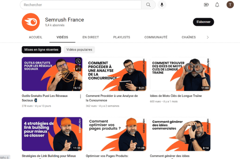 Chaines Youtube SemRush France Mise en avant
