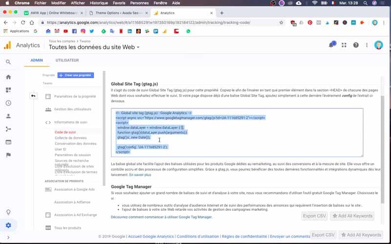 Copier le code Google Analytics