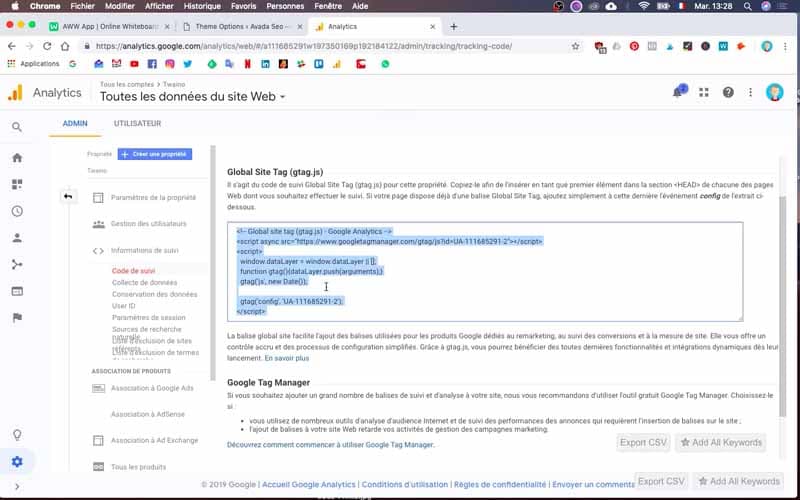 Copier le code Google Analytics