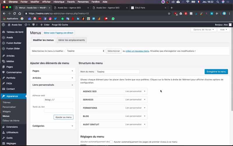 Ajouts des elements du menu