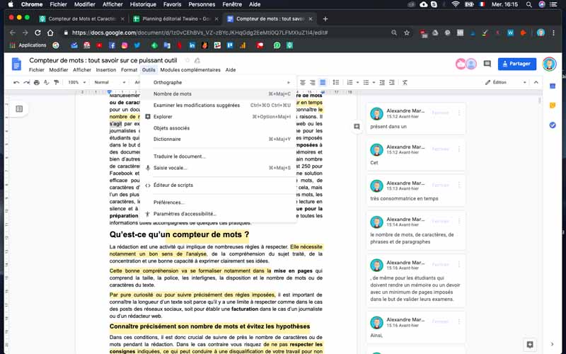 Google doc compter des mots