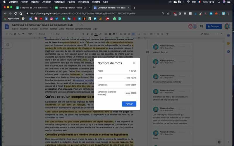 Google doc nombre de mots
