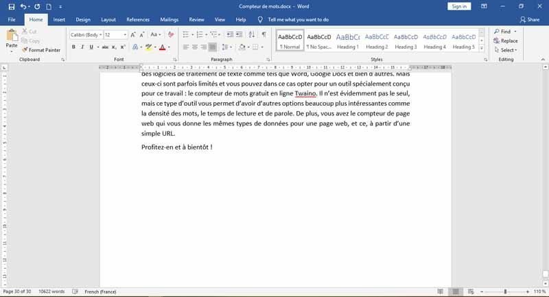Microsotf Word Compteur de mot 1