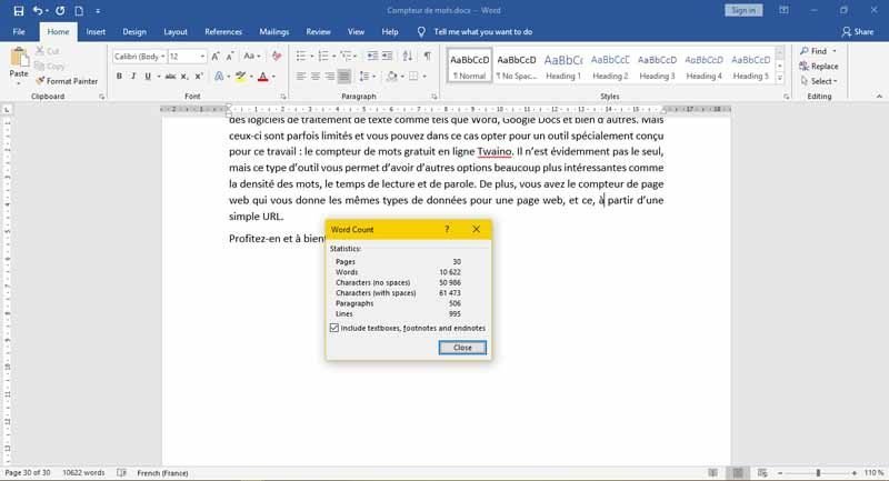 Microsotf Word Compteur de mot 2