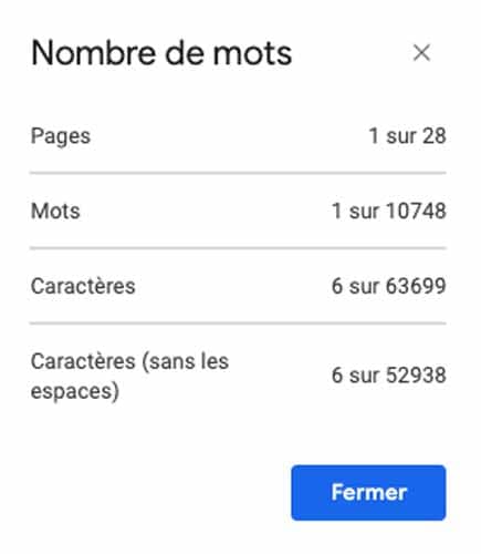 Nombre de mots google doc