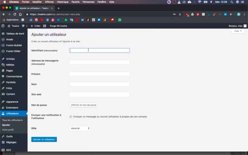 Capture d'écran du formulaire de création d'utilisateur WordPress
